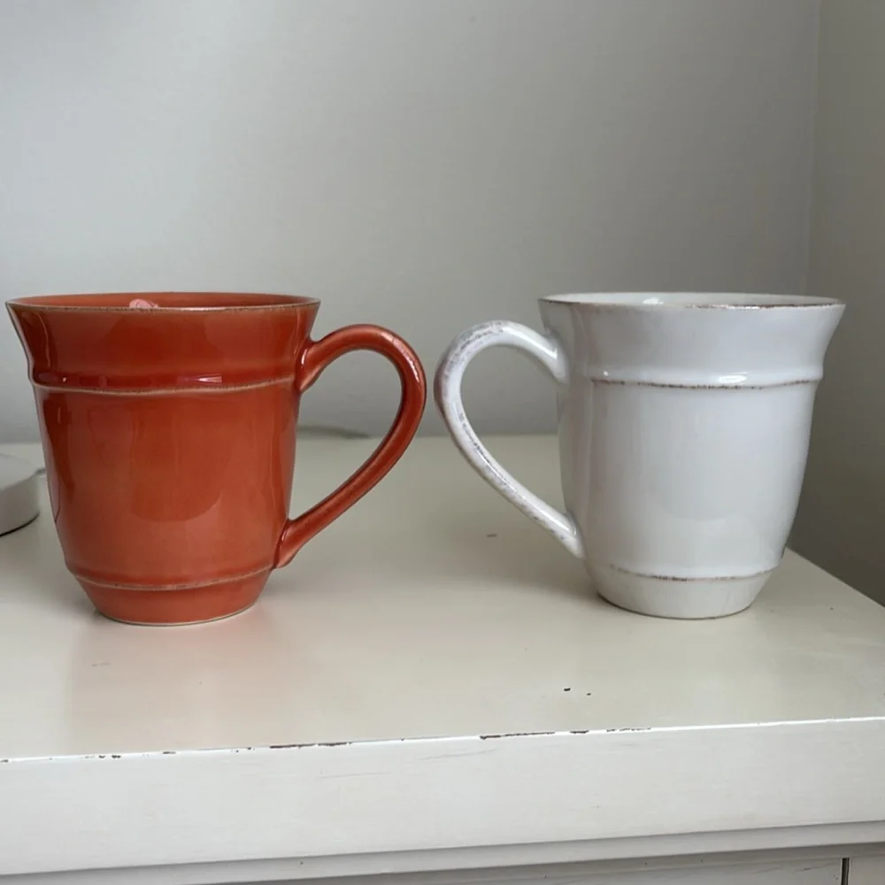 2 Pottery Barn Coffee Mugs Handcrafted in Portugal Terracotta/ Rust White